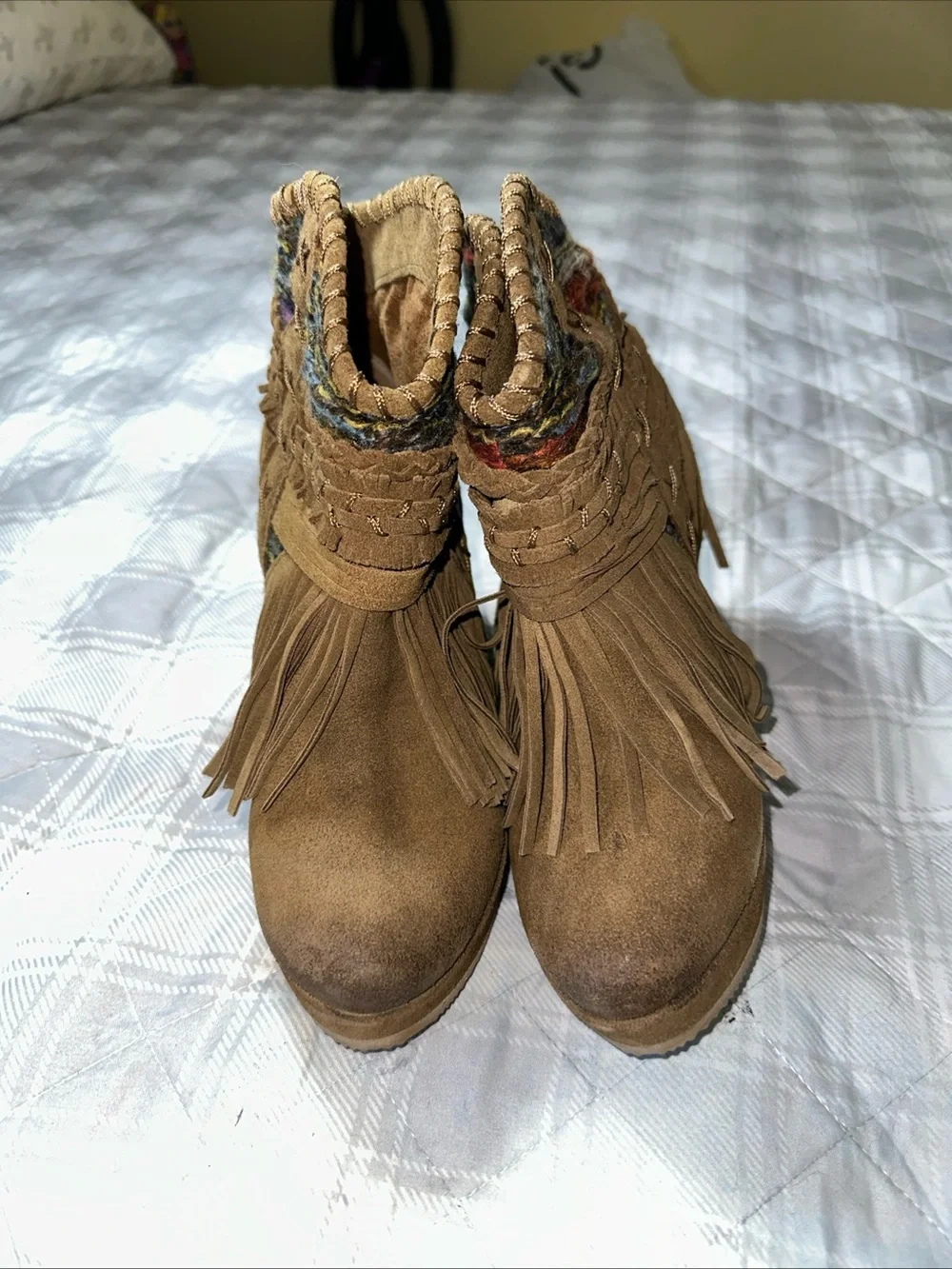 naughty monkey Tan Suede Fringe Wedge Ankle Boots